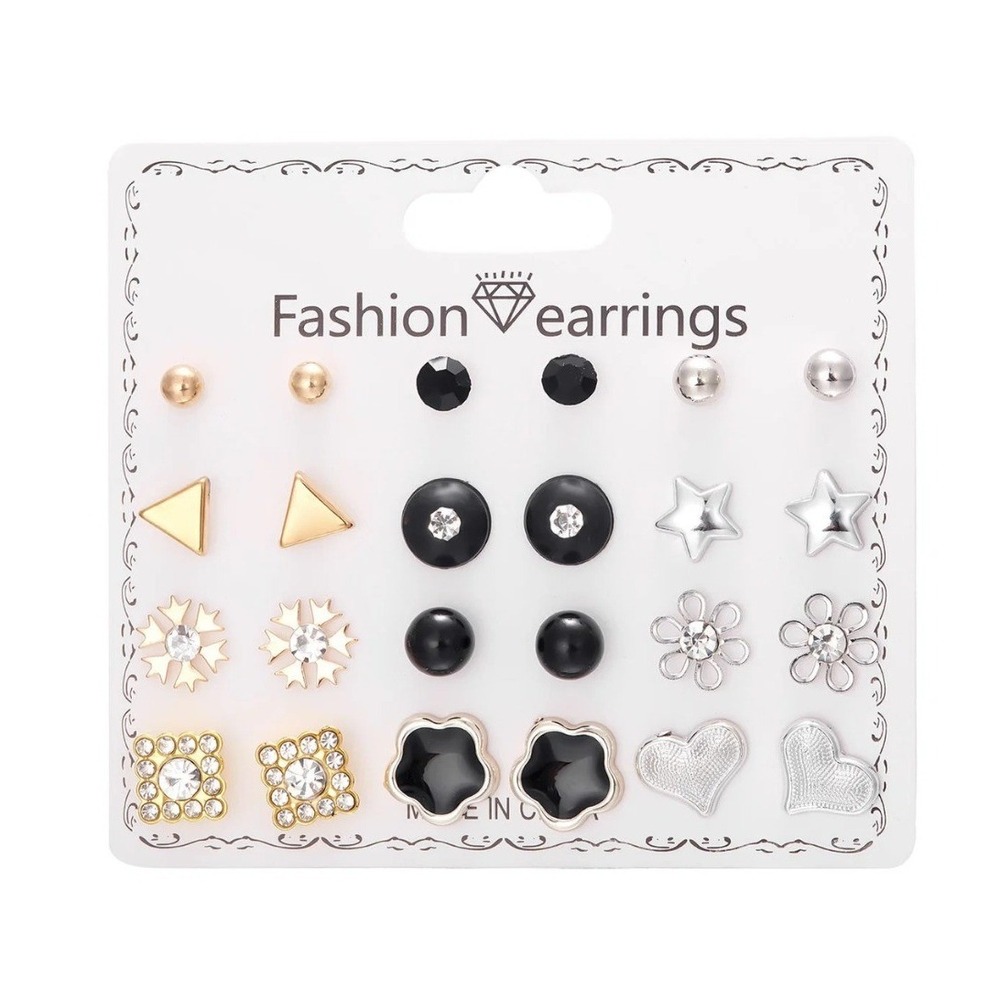 NEW Fashion Earrings 12-Pairs Stud Set Women Gold Silver Black